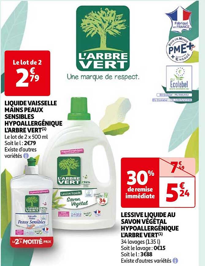 liquide vaisselle mains peaux sensibles hypoallergénique l'arbre vert, lessive liquide au savon végétal hypoallergénique l'arbre vert