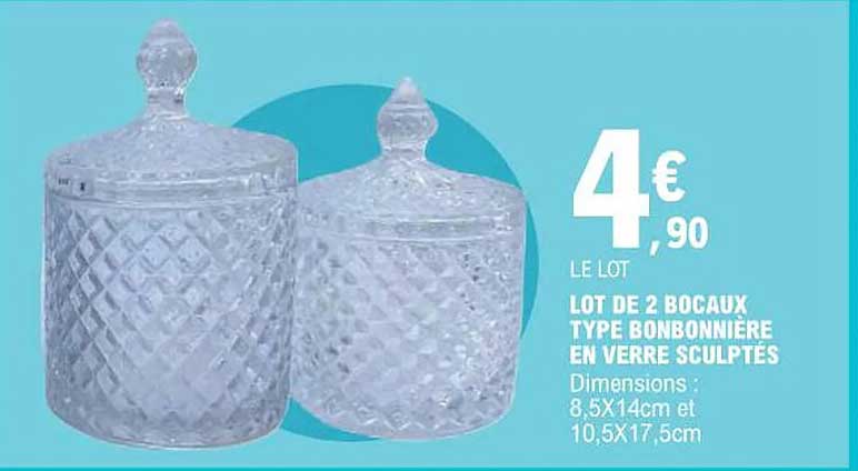 lot de 2 bocaux type bonbonnière en verre sculptés