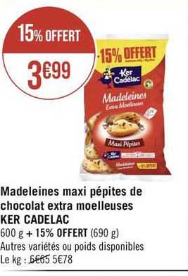 madeleines maxi pépites de chocolat extra moëlleuses ker cadelac