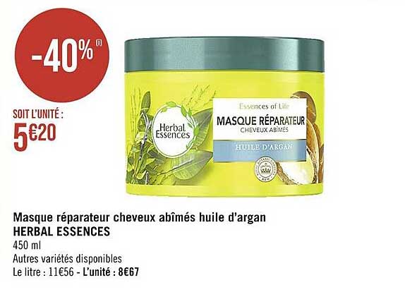 masque réparateur cheveux abîmés huile d'argan herbal essences
