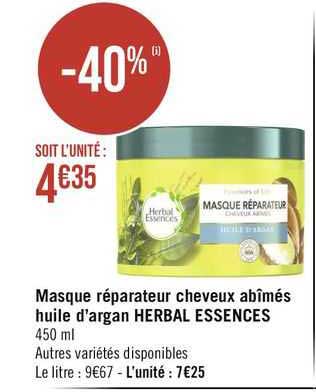 masque réparateur cheveux abîmés huile d'argan herbal essences