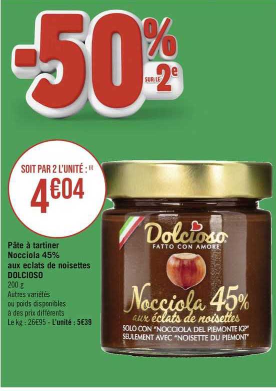 pâte à tartiner nocciola 45% aux éclats de noisettes dolcioso