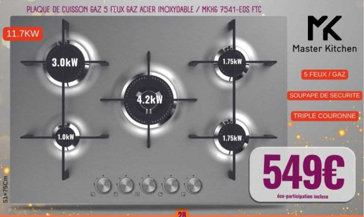 plaque de cuisson gaz 5 feux gaz acier inoxydable master kitchen