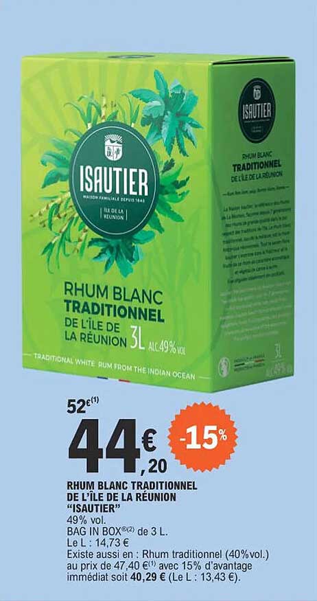 rhum blanc traditionnel de l'île de la réunion "isautier"