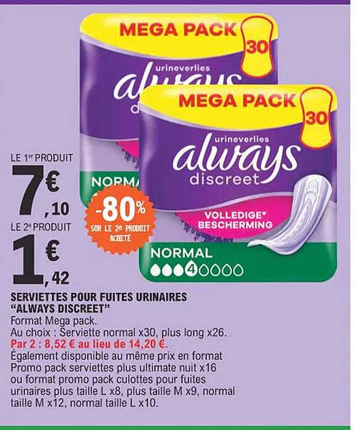 serviettes pour fuites urinaires "always discreet"