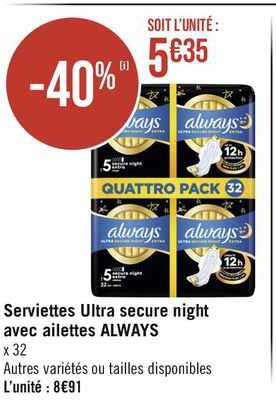 serviettes ultra secure night avec ailettes always