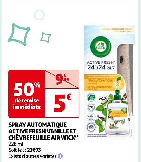 spray automatique active fresh vanille et chèvrefeuille air wick