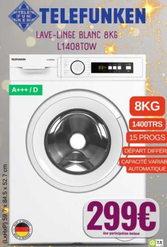 telefunken lave-linge blanc 8kg l1408tow