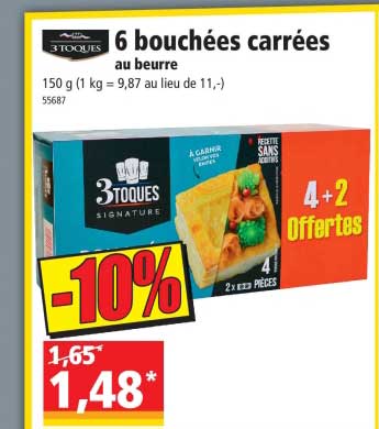 6 bouchées carrées au beurre 3toques