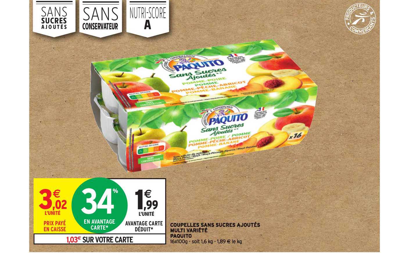 coupelles sans sucres ajoutés multi variété paquito