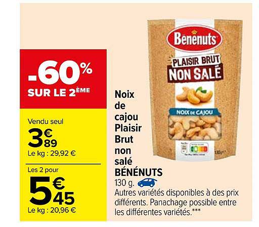noix de cajou plaisir brut non salé bénénuts