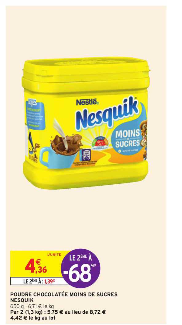 poudre chocolatée moins de sucres nesquik