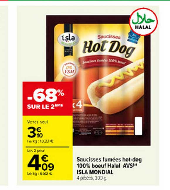 saucisses fumées hot-dog 100% bœuf halal avs isla mondial