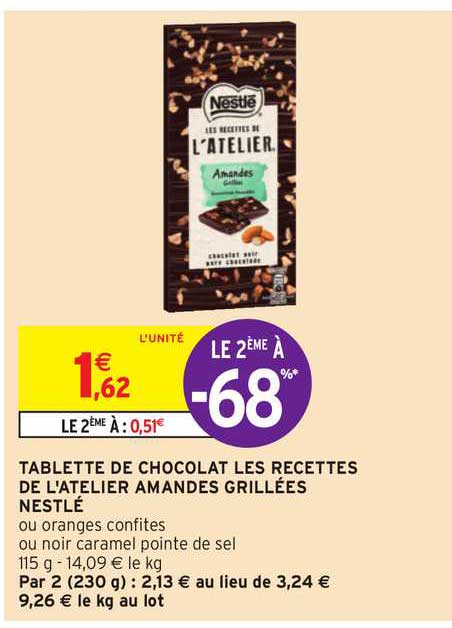 tablette de chocolat les recettes de l'atelier amandes grillées nestlé
