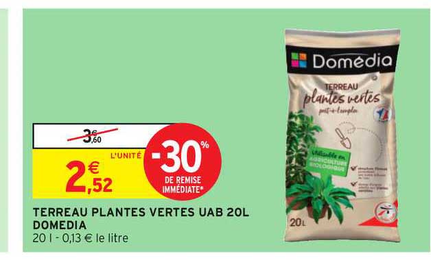 terreau plantes vertes uab 20l domedia -30% de remise immédiate