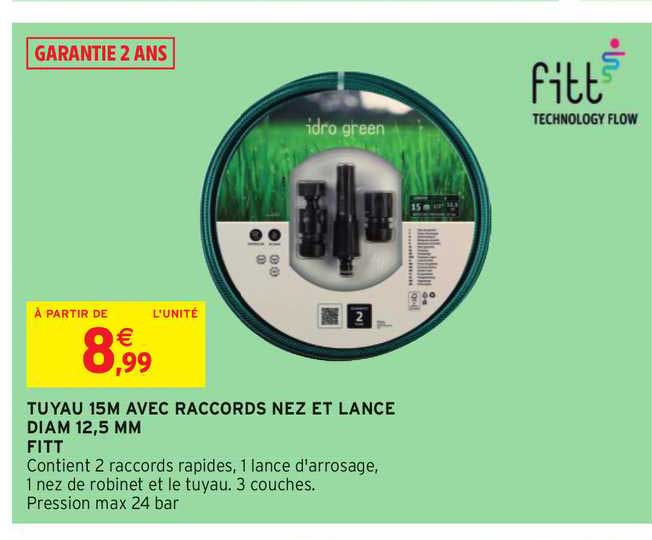 tuyau 15m avec raccords nez et lance diam 12.5 mm fitt