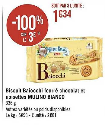 biscuit baiocchi fourré chocolat et noisettes mulino bianco