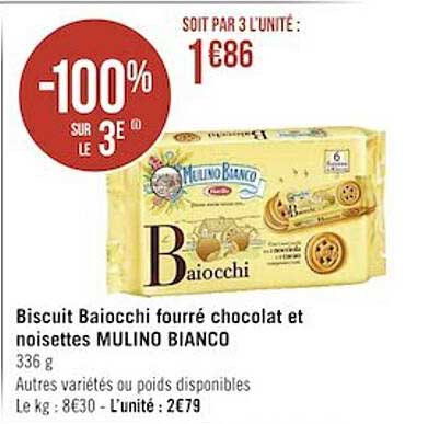 biscuit baiocchi fourré chocolat et noisettes mulino bianco
