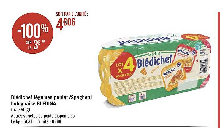 Blédichef Légumes Poulet-spaghetti Bolognaise Blédina