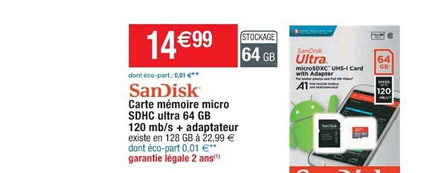 carte mémoire micro sdhc ultra 64 gb 120 mb-s + adaptateur sanDisk