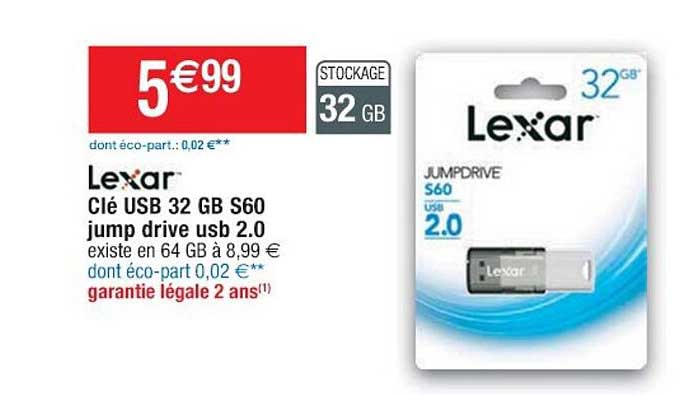 clé usb 32 gb s60 jump drive usb 2.0 lexar