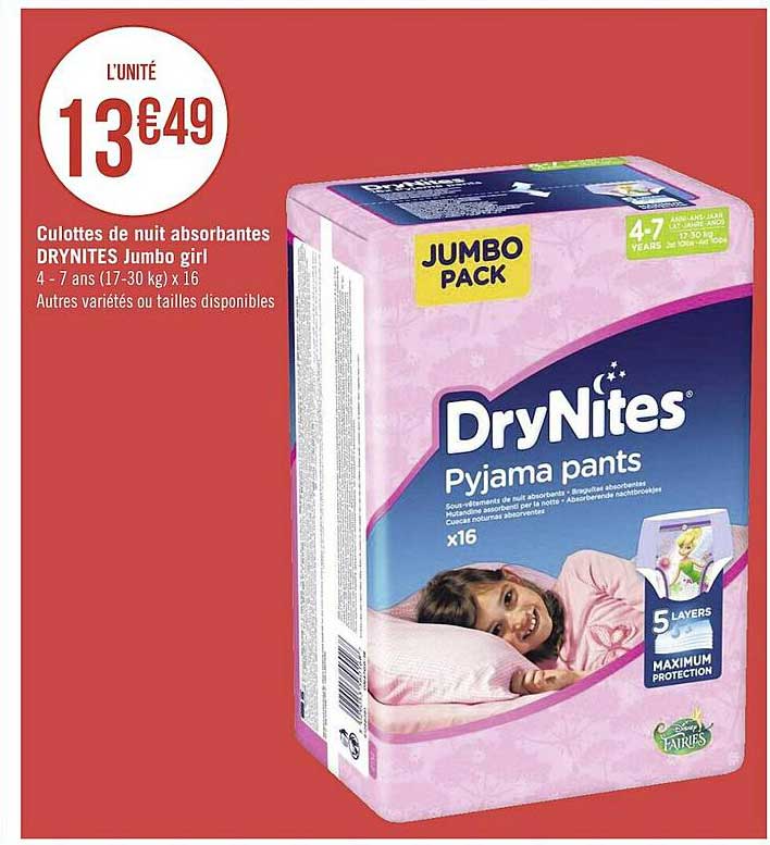 clottes de nuit absorbantes drynites jumbo girl