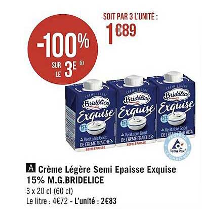 crème légère semi épaisse exquise 15% m.g. bridélice