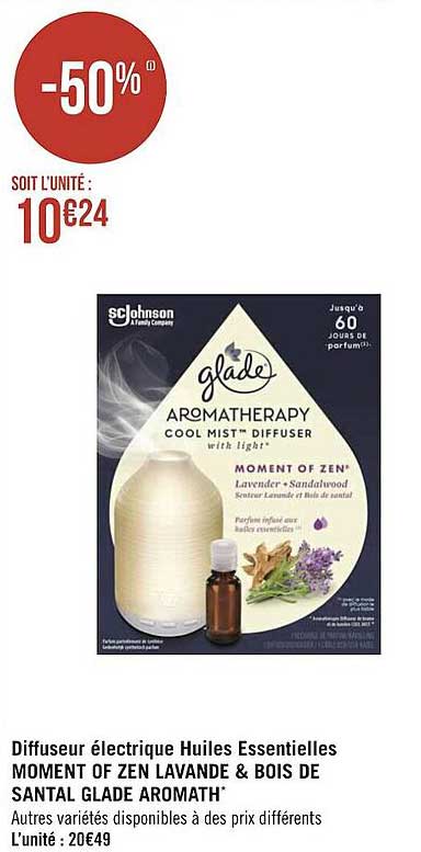 diffuseur électrique huiles essentielles moment of zen lavande & bois de santal glade aromath