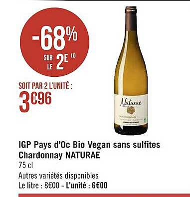 igp pays d'oc bio vegan sans sulfites chardonnay naturae