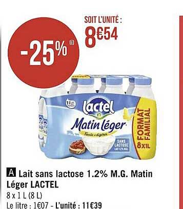 lait sans lactose 1.2% m.g. matin léger lactel