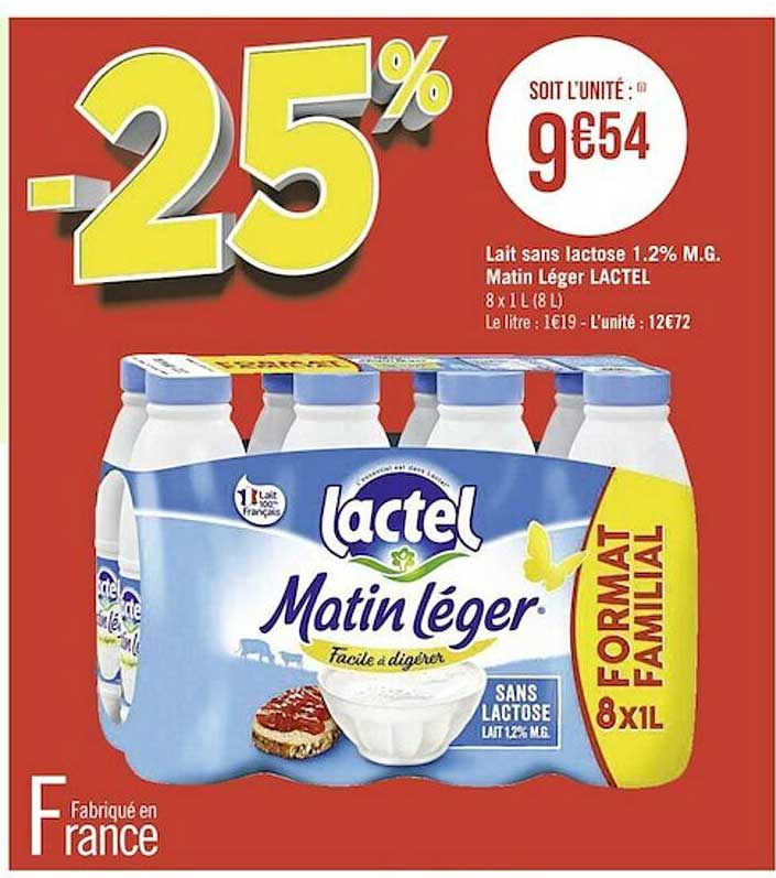 lait sans lactose 1.2% m.g. matin léger lactel