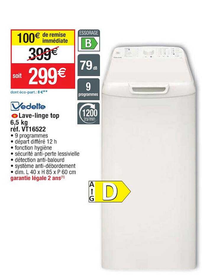 lave-linge top 6,5 kg vedette