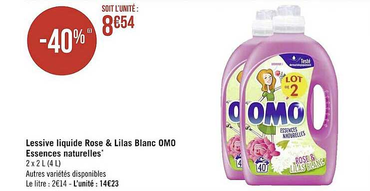Lessive Liquide Rose & Lilas Blanc Omo Essences Naturelles