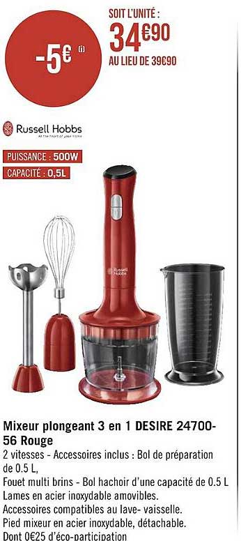 mixeur plongeant 3 en 1 desire 24700-56 rouge russell hobbs