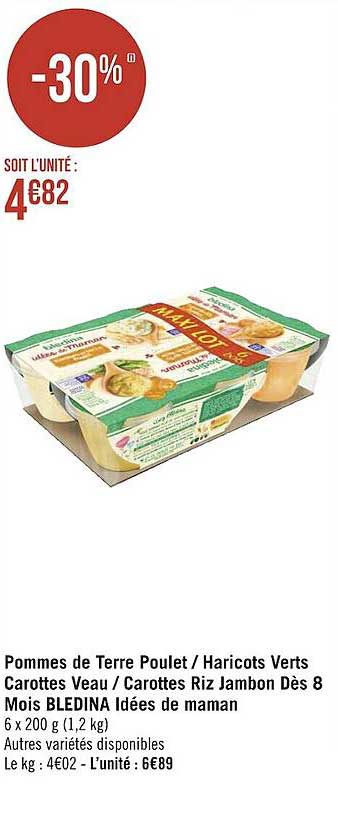 pommes de terre poulet - haricots verts carottes veau - carottes riz jambon dès 8 mois blédina idées de maman