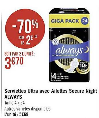 serviettes ultra avec ailettes secure night always