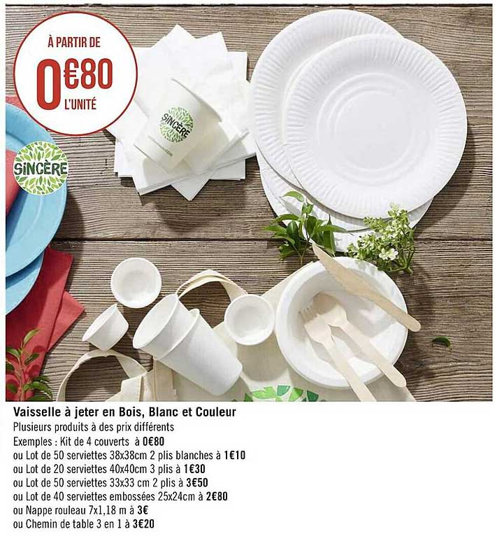 vaisselle à jeter en bois, blanc et couleur sincère