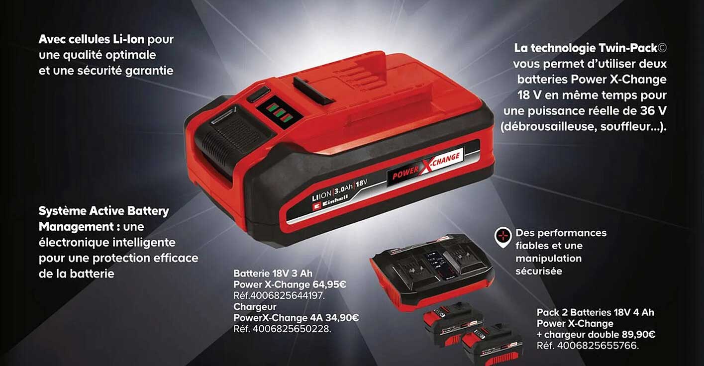 Batterie 18v 3 Ah Power X-change, Chargeur Power X-change, Pack 2 Batteries 18v 4 Ah Power X-change + Chargeur Double