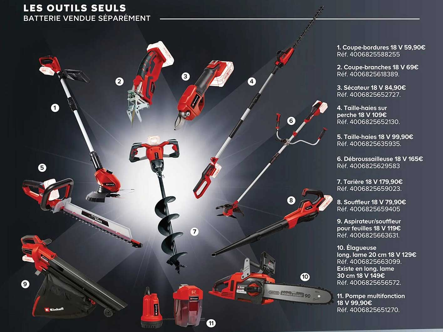 coupe-bordures 18v, coupe-branches 18v, sécateur 18v, taille-haies sur perche 18v, taille-haies 18v, débroussailleuse 18v, tarière 18v, souffleur 18v, aspirateur-souffleur pour feuilles 18v