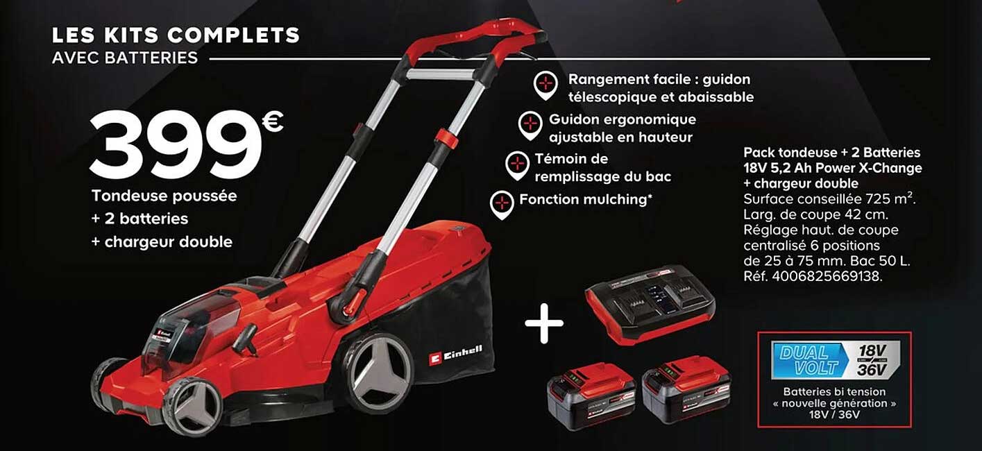 tondeuse poussée + 2 batteries + chargeur double einhell
