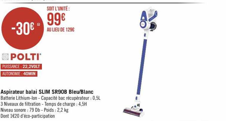 aspirateur balai slim sr90b bleu-blanc polti