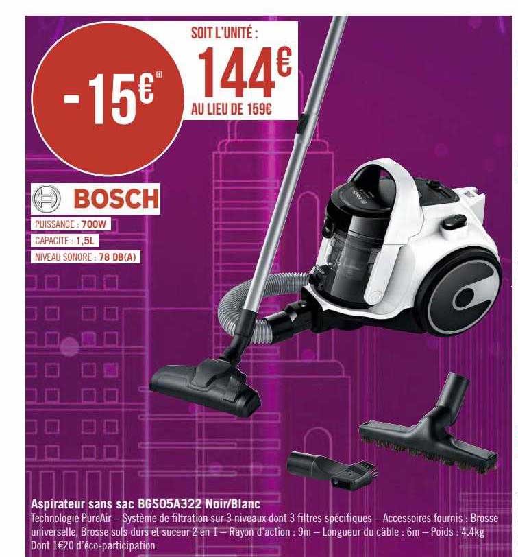 aspirateur sans sac bgs05a322 noir-blanc bosch
