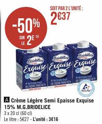 crème légère semi épaisse exquise 15% m.g. bridélice