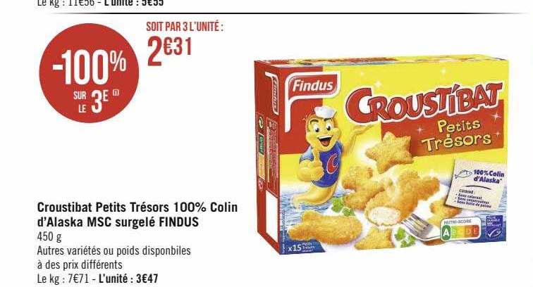 croustibat petits trésors 100% colin d'alaska msc surgelé findus