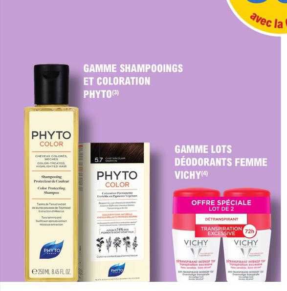 gamme shampooings et coloration phyto, gamme lots déodorants femme vichy