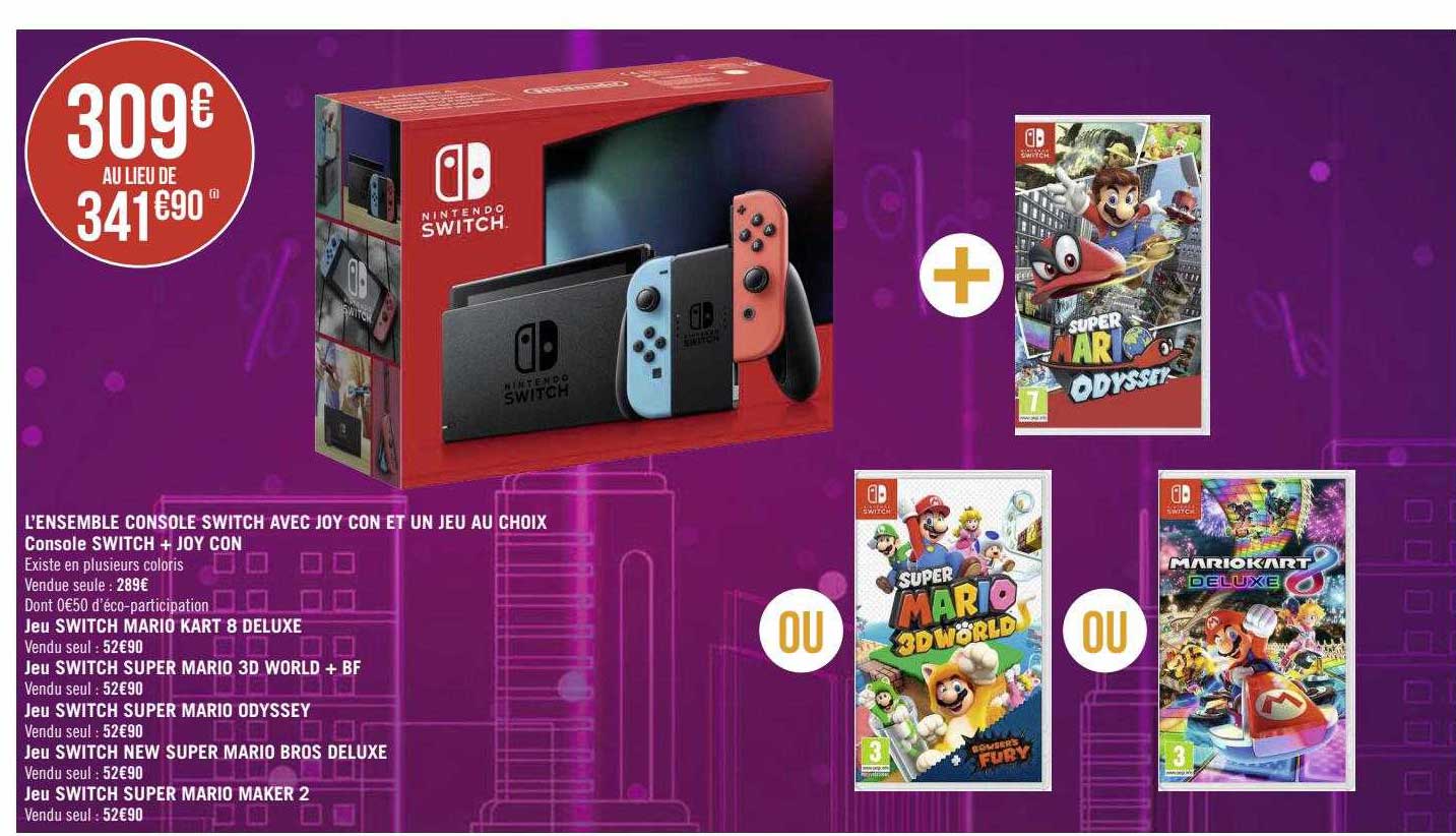 l'ensemble console switch avec joy con et un jeu au choix console switch + joy con, jeu switch mario kart 8 deluxe, jeu switch super mario 3d world + bf, jeu switch super mario odyssey
