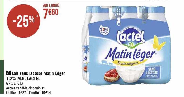 lait sans lactose matin léger 1,2% m.g. lactel