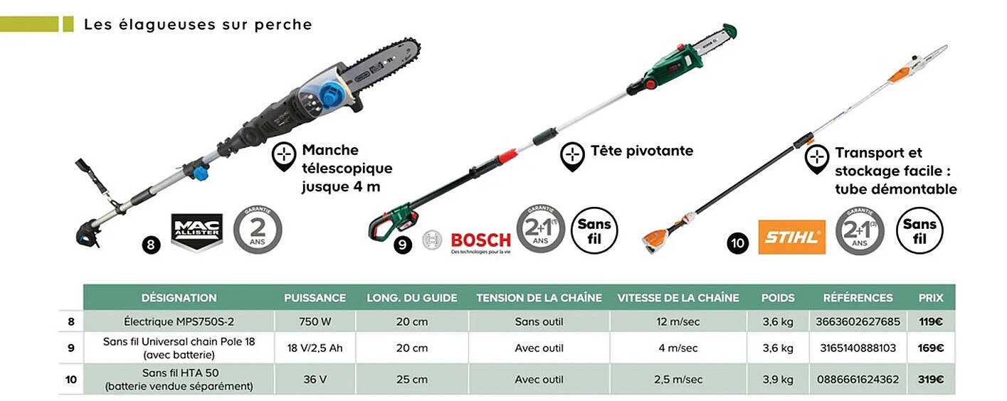 les élagueuses sur perche mac allister, bosch, stihl