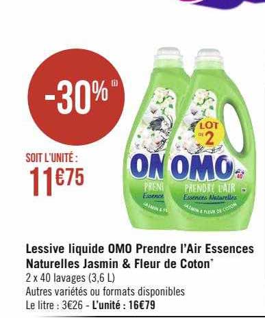 lessive liquide omo prendre l'air essences naturelles jasmin & fleur de coton