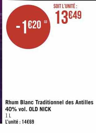 rhum blanc traditionnel des antilles 40% vol. old nick